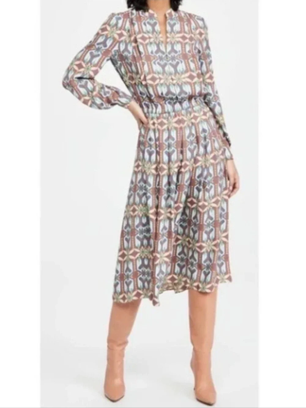 Tory Burch Garden Maze Geometric Print Pleated Shirt Dress